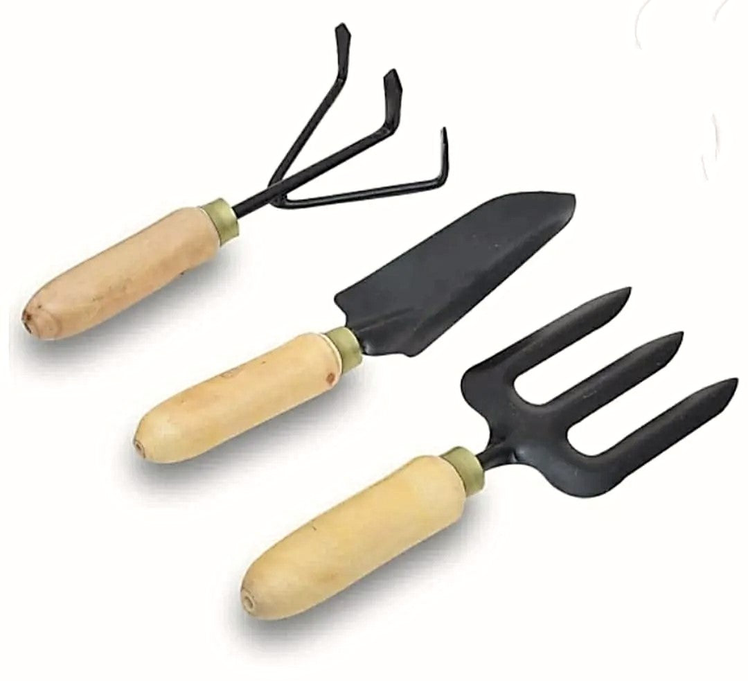 Premium Wooden Durable Gardening Tool Set of 3 (trowel, hand cultivator, and garden fork )