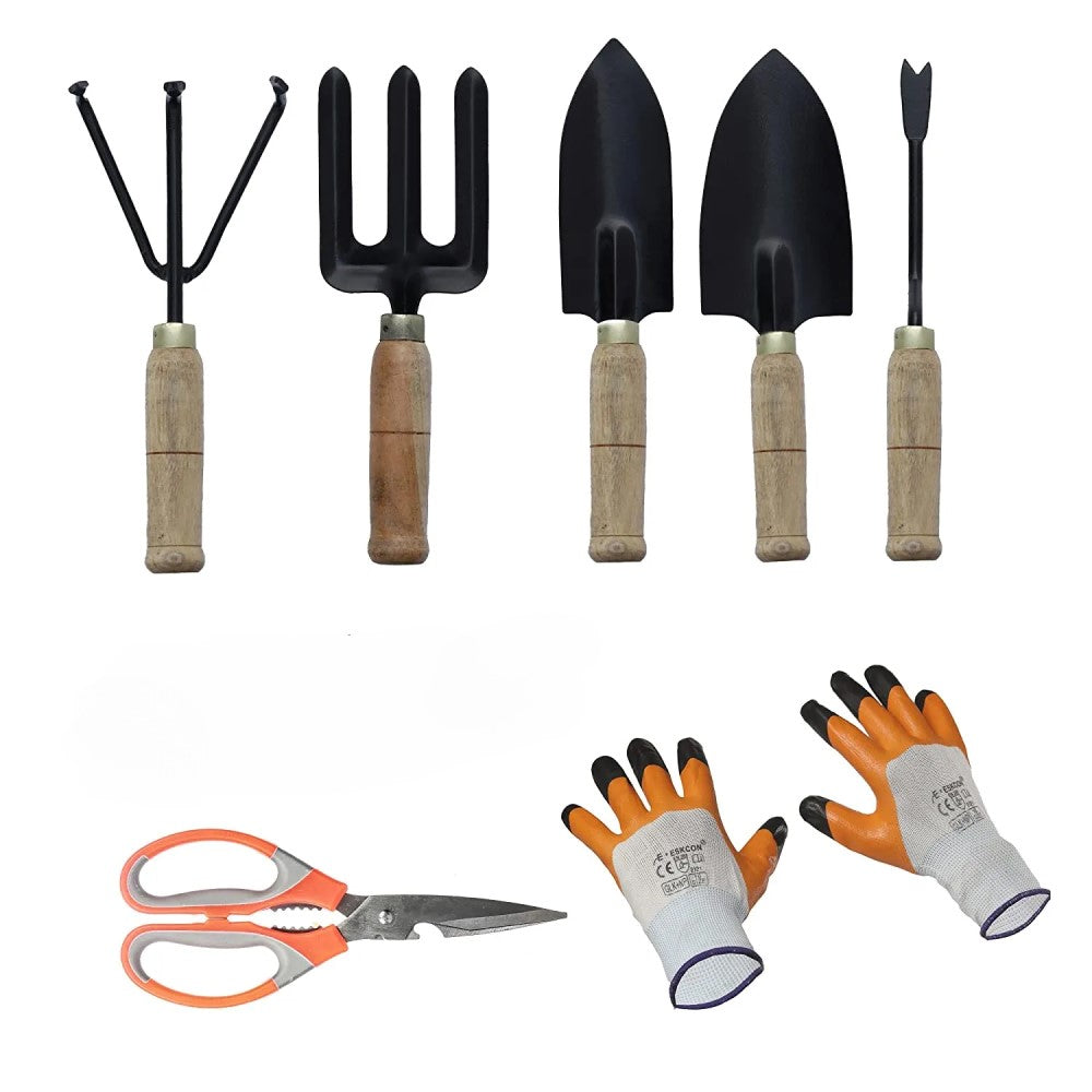 Wooden Durable Gardening Tool Set (7 pieces)  inclusive of Scissors and Gloves